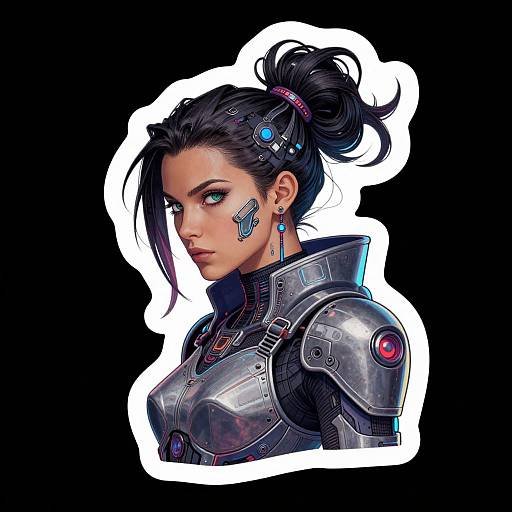 Digital illustration of a fierce, dark-haired woman with green eyes, cyberpunk armor, and blue facial markings, set against a white outline.