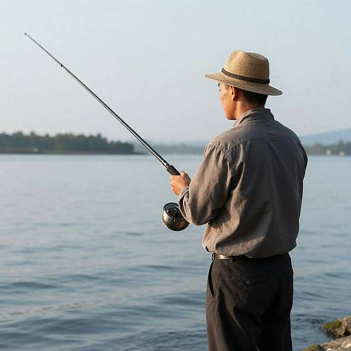 Photograph of an Asian man in a straw hat and gray shirt fishing by a calm lake, holding a rod with a reel.
