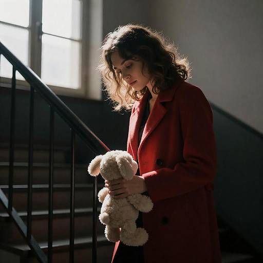 Woman in Red Coat on Staircase