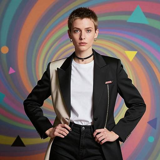 Photograph of a young, androgynous person with short brown hair, wearing a black suit with white side panel, white shirt, black ch