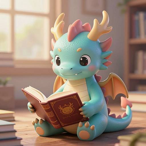 Cute, cartoon-style blue dragon with pink spines and yellow horns reads a red book in a sunlit, cozy library.