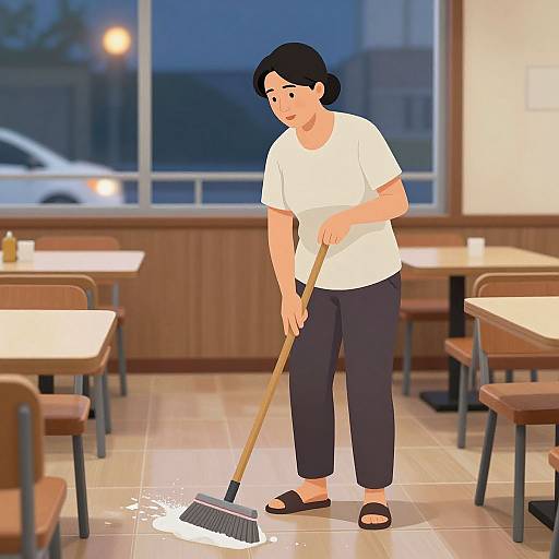 Digital illustration of a plus-sized woman with black hair, wearing a white shirt, black pants, and black sandals, sweeping a restaurant floor with a mop