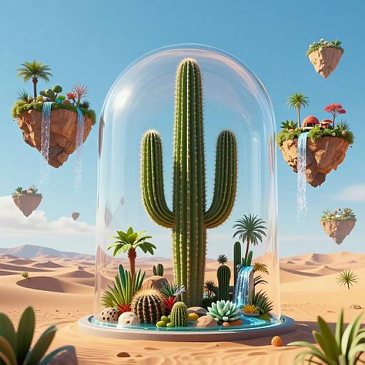 Digital art: Clear dome encasing tall cactus, surrounded by desert plants, floating islands with waterfalls, and vibrant flora against a bright blue sky