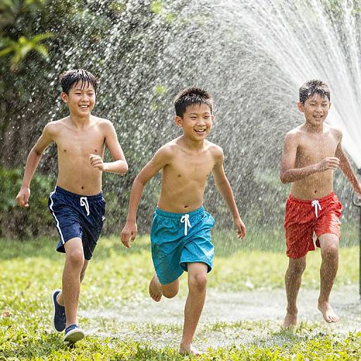 Photograph of three shirtless Asian boys running through a sprinkler on a sunny day, wearing blue and red swim trunks, laughing joyfully with