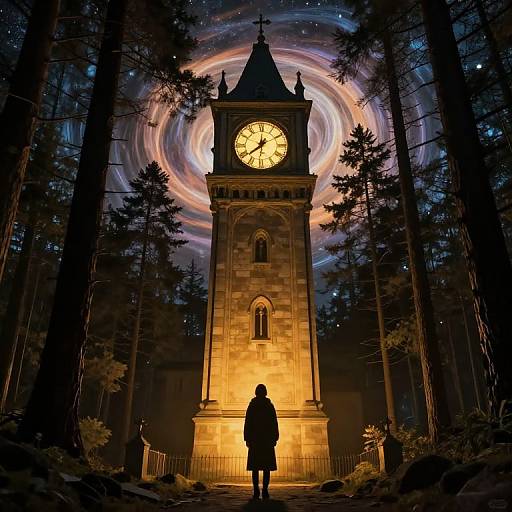 Photograph of a silhouetted person standing before a glowing clock tower in a dark, starry forest, with swirling lights behind.