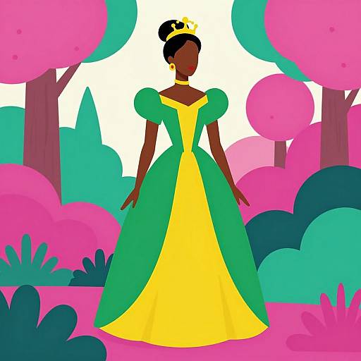 Digital illustration of a dark-skinned woman in a yellow and green princess dress, standing in a vibrant, pink and teal forest.