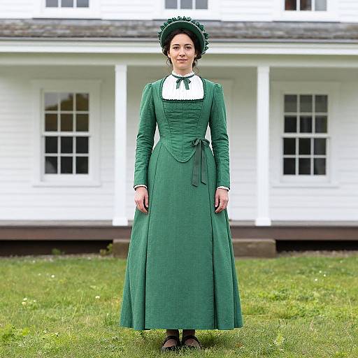 Photograph of a woman in a Victorian-style green dress with a white collar and black ribbon, standing in front of a white house with windows. She
