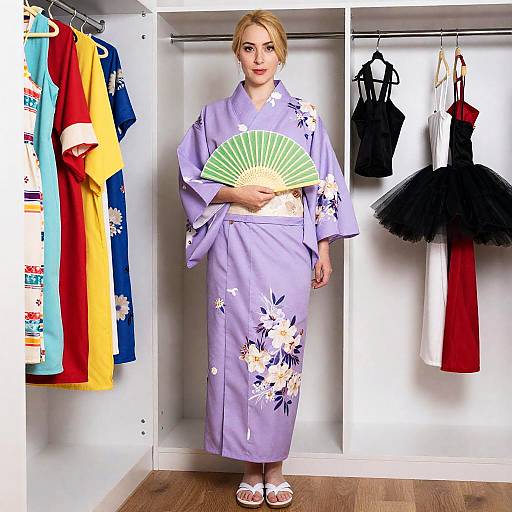 Confident Woman in Floral Kimono