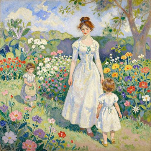 Impressionist painting of a red-haired woman in a white dress walking with two children through a vibrant, colorful garden filled with blooming flowers and lush