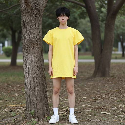 Photograph of an Asian man with short black hair, wearing a bright yellow T-shirt, white socks, and white sneakers, standing in a park with