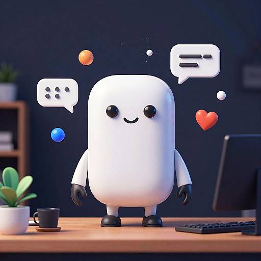 CGI cartoon of a white, cylindrical, faceless robot with black hands and feet, standing on a desk with speech bubbles, heart, and orbs