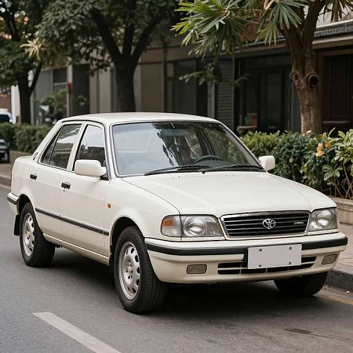 Photograph of a white, vintage Toyota sedan parked on a city street with trees, shrubs, and buildings in the background.