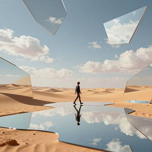 Photograph-like digital art of a man walking in a reflective desert with floating glass panels, mirrored sky, and sandy dunes.