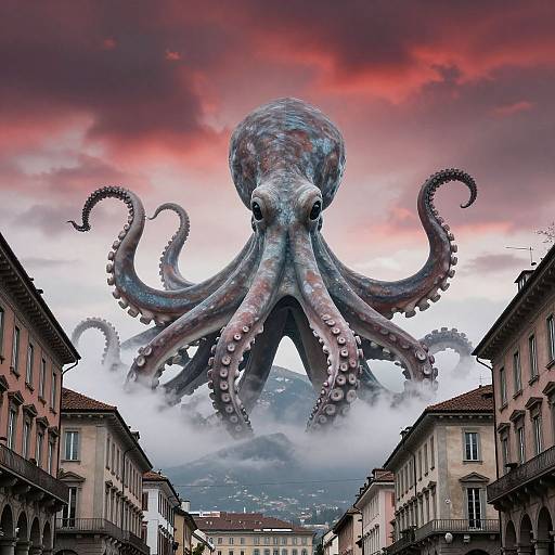 Photograph of a giant, textured octopus with realistic tentacles towering over a foggy, narrow European street with two-story buildings, under a dramatic