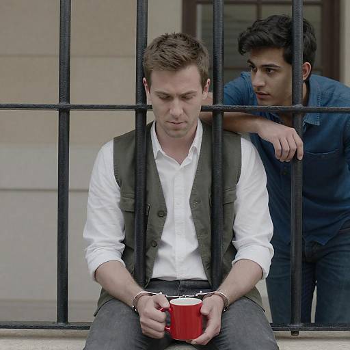 Handcuffed Man Holding Red Mug Behind Bars