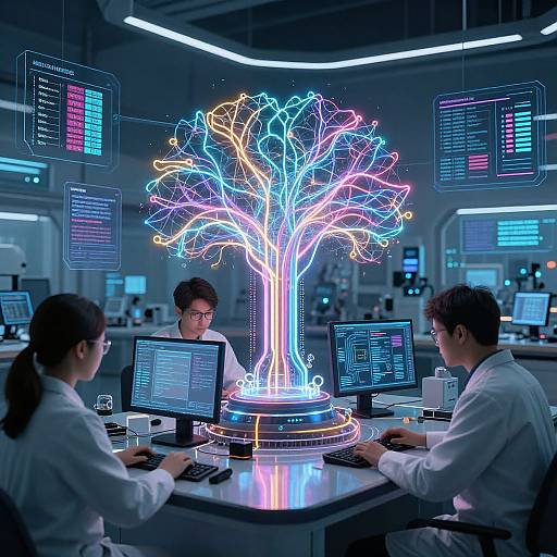Photograph of three tech professionals in a high-tech lab, working around a glowing neon tree hologram, surrounded by floating data screens.