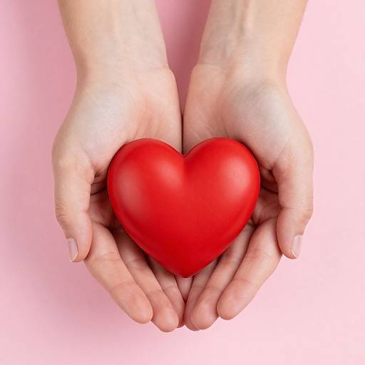 Photograph of two pale hands gently cupping a bright red, glossy, three-dimensional heart against a soft pink background.
