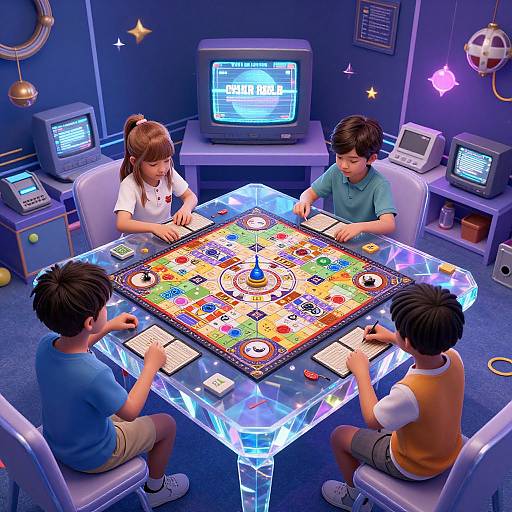 Three children playing a colorful, illuminated board game at a glowing, transparent table in a retro, blue-lit room with vintage electronics.