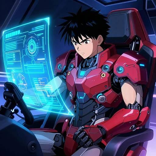 Digital anime-style illustration of a black-haired, brown-eyed male pilot in red and black futuristic armor, seated in a cockpit, interacting with a glowing blue