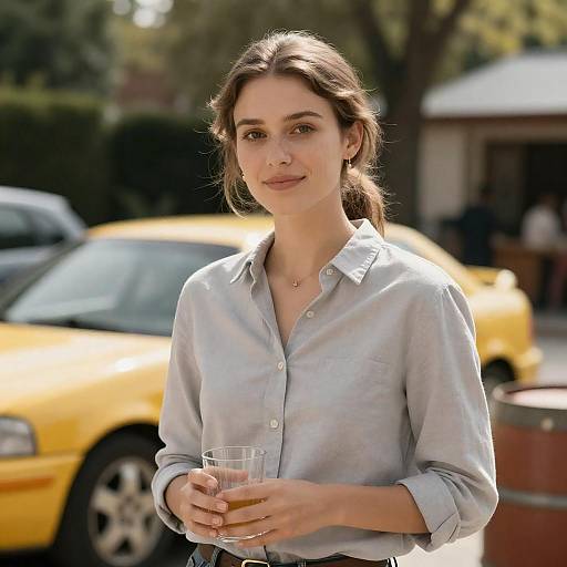 Cheerful Woman in Nature with Glass