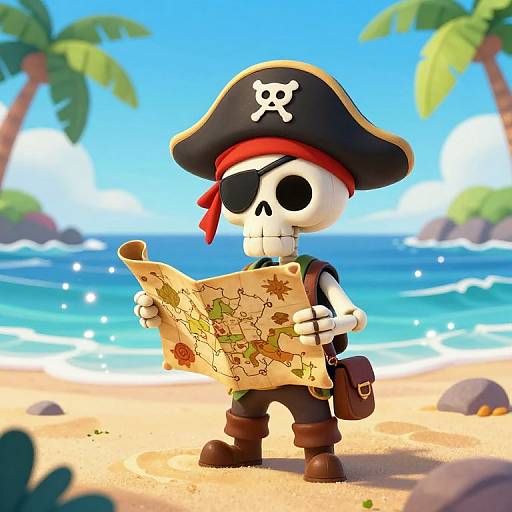 Cartoon pirate skeleton with black tricorn and skull emblem, holding a map, stands on a sunny beach with palm trees.