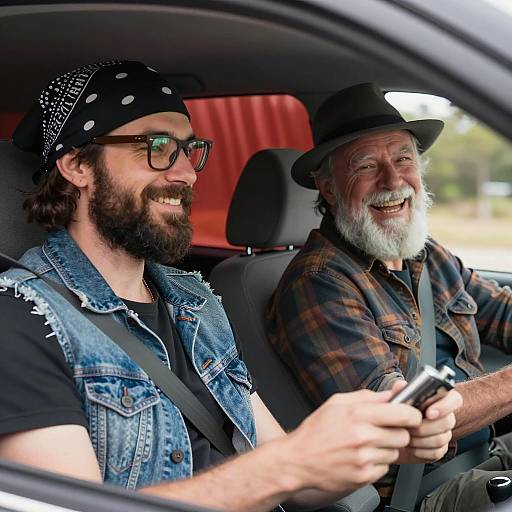 Joyful Road Trip: Two Men in Car