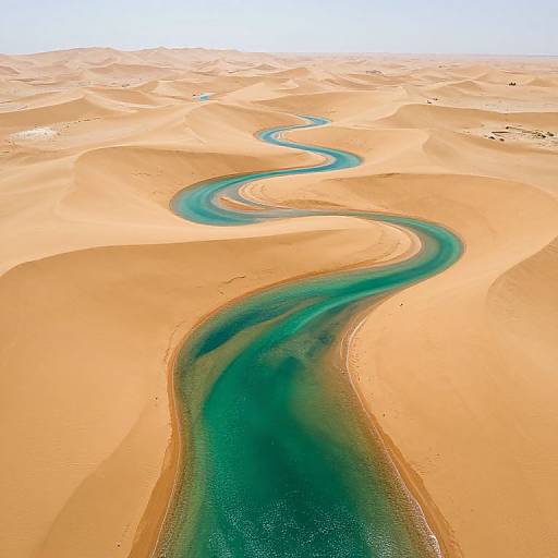 Aerial photograph of a winding turquoise river cutting through golden desert sand dunes under a bright, clear sky.