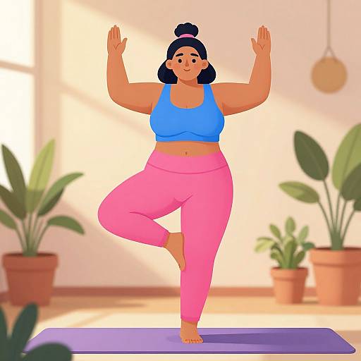 Digital illustration of a curvy woman with brown skin, black hair in a bun, wearing a blue sports bra and pink leggings, practicing a yoga tree