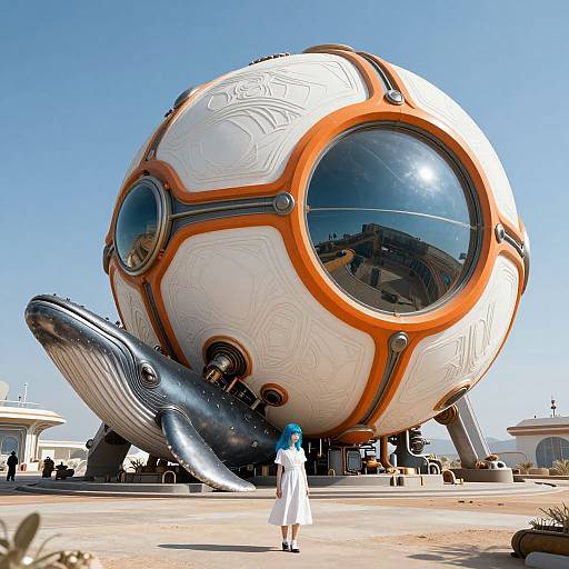 Photograph of a futuristic, white and orange spherical spaceship with whale-like appendages, a blue-haired woman in white dress in front, clear blue sky