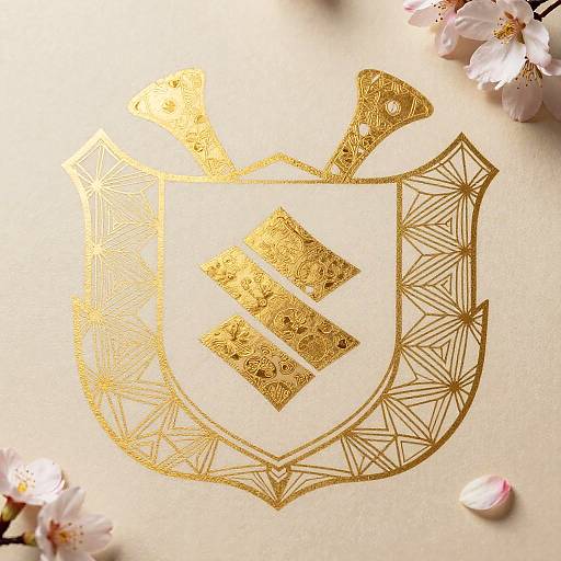 Gold ornate shield with intricate patterns and a diamond-shaped emblem, set against a beige background with cherry blossoms. Digital art.