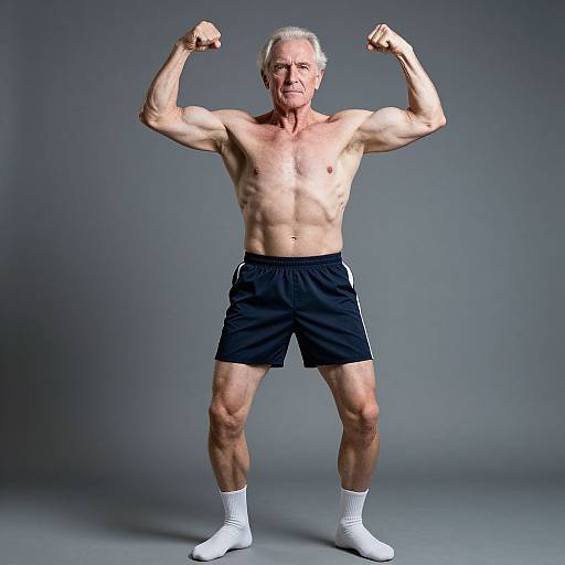 Photograph of an elderly, muscular white man with gray hair, flexing both arms, wearing black shorts and white socks, against a gray background.