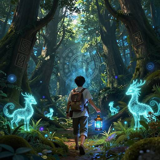 Digital artwork of a boy with a backpack, holding a lantern, walking through a mystical forest with glowing blue deer and ethereal symbols.
