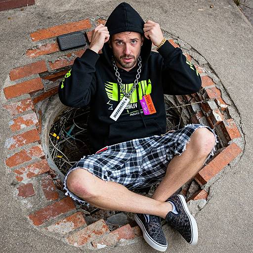 Photograph of a bearded man in a black hoodie, plaid shorts, and black sneakers, sitting in a circular, brick-lined manhole.
