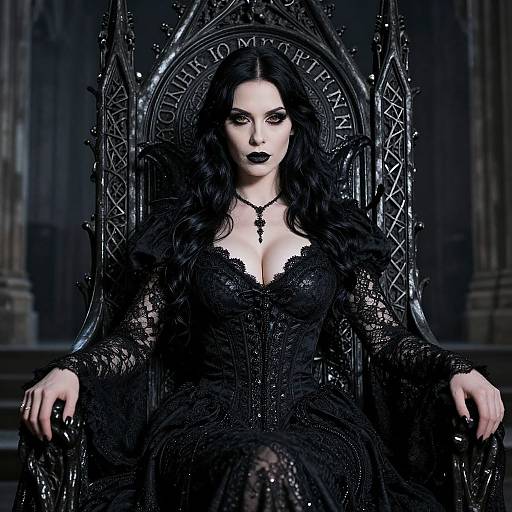 Photograph of a pale-skinned woman with black hair, dark lipstick, and black lace dress, seated on a gothic, ornate throne.