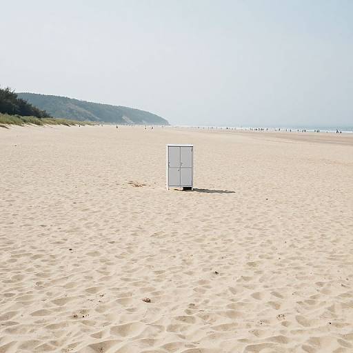 Photograph of a vast, empty, sandy beach with a single white, rectangular sign standing in the center, under a bright, clear sky.