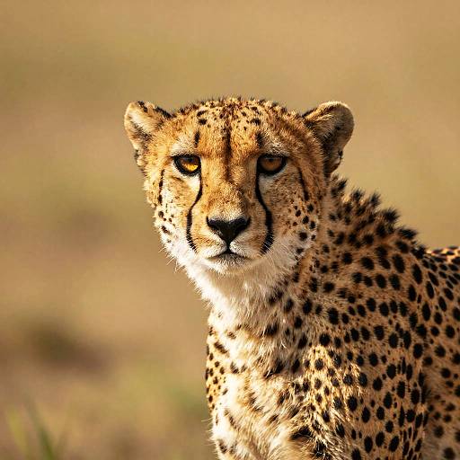 Close-up photograph of a focused cheetah with yellow eyes, black spots, and golden fur, set against a blurred, sunlit savanna background
