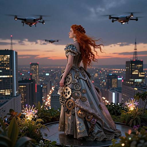 Victorian Futuristic Woman Over Cyber Metropolis