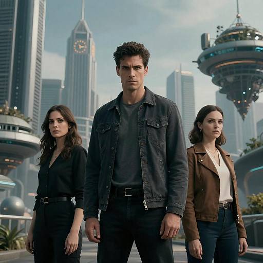 Three People in Futuristic Cityscape