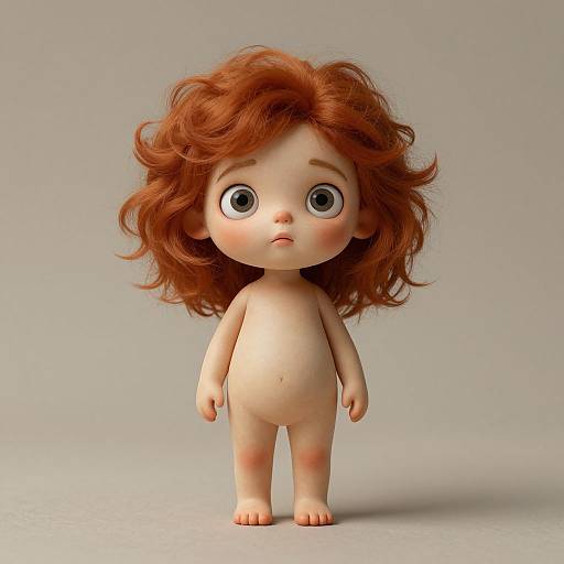 Photorealistic CGI doll with large, curly red hair, big blue eyes, fair skin, and a neutral expression, standing naked against a plain gray