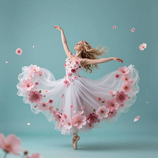 Photograph of a blonde ballerina in a white, flower-adorned tutu, mid-leap, surrounded by floating pink petals against a