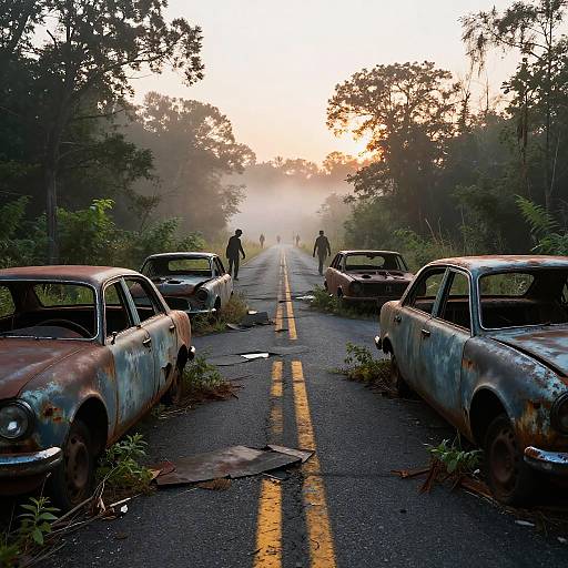 Abandoned Highway with Rusted Cars and Zombie Silhouettes