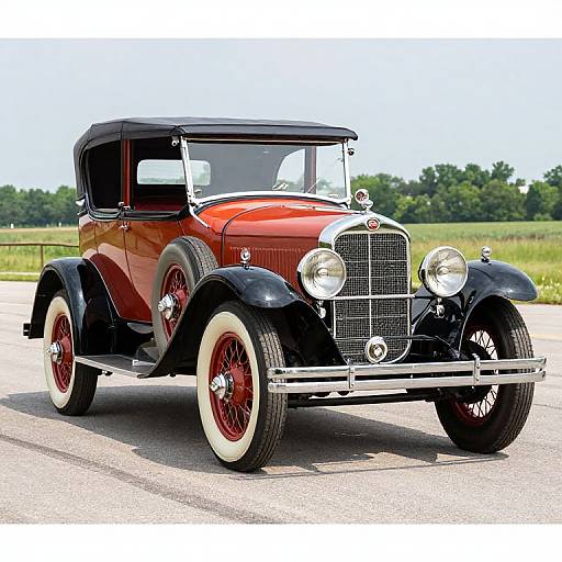 Photograph of a classic 1920s red and black vintage car with white-walled tires, chrome grille, and headlamps, driving on