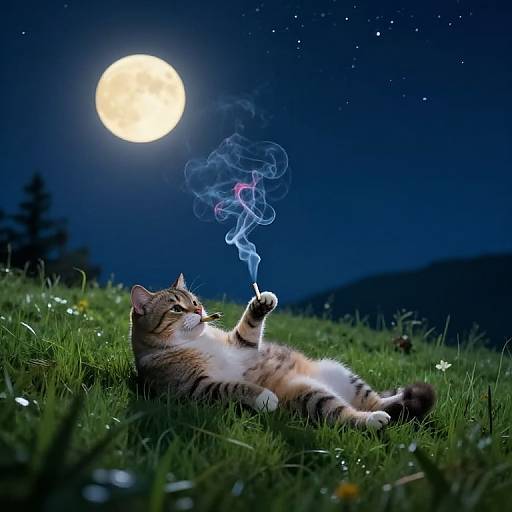 Photograph of a relaxed, striped tabby cat lying in grass, smoking a cigarette, with a bright full moon and starry night sky in the