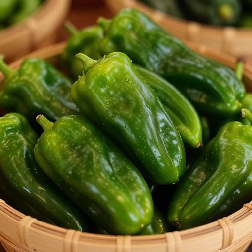 Photograph of fresh, vibrant green chili peppers piled in a woven bamboo basket, with droplets of water glistening on their surfaces.