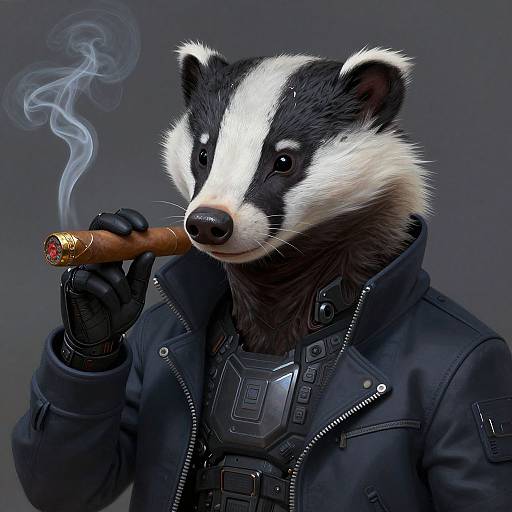 Digital artwork of a smug badger in a black leather jacket and tactical vest, holding a cigar with smoke curling upwards.