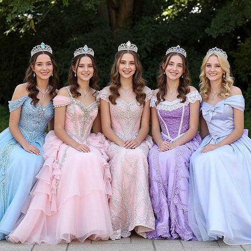 Photograph of five smiling young women in pastel-colored, lace-embellished ball gowns and silver tiaras, sitting outdoors with lush green