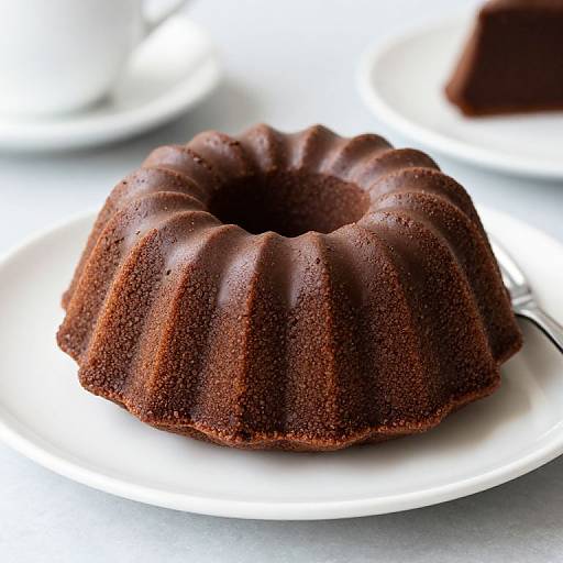 Photograph of a rich, chocolate bundt cake with a glossy top, placed on a white plate, with another cake blurred in the background.