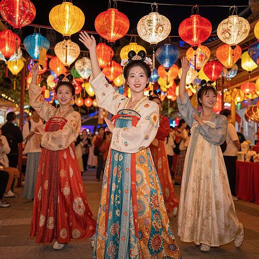 Photograph of three Asian women in traditional Korean hanboks, adorned with floral patterns, under a canopy of colorful lanterns, smiling and raising arms