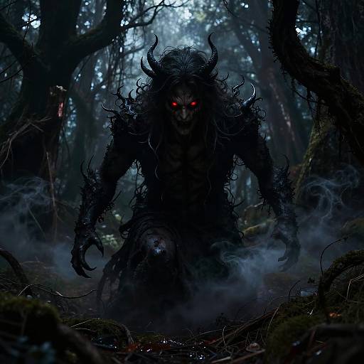 Eerie Glowing Red Eyes in Dark Forest