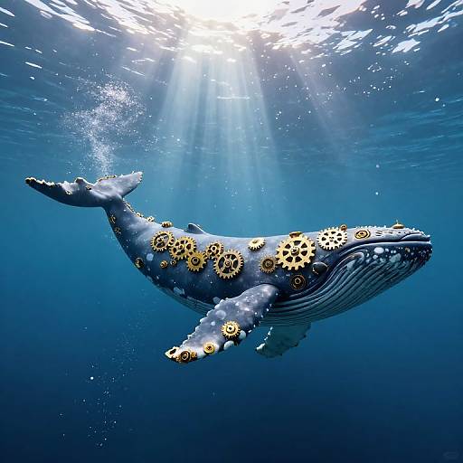 Photograph of a blue whale adorned with golden gears underwater, sunlight filtering from above, creating a surreal, steampunk marine scene.
